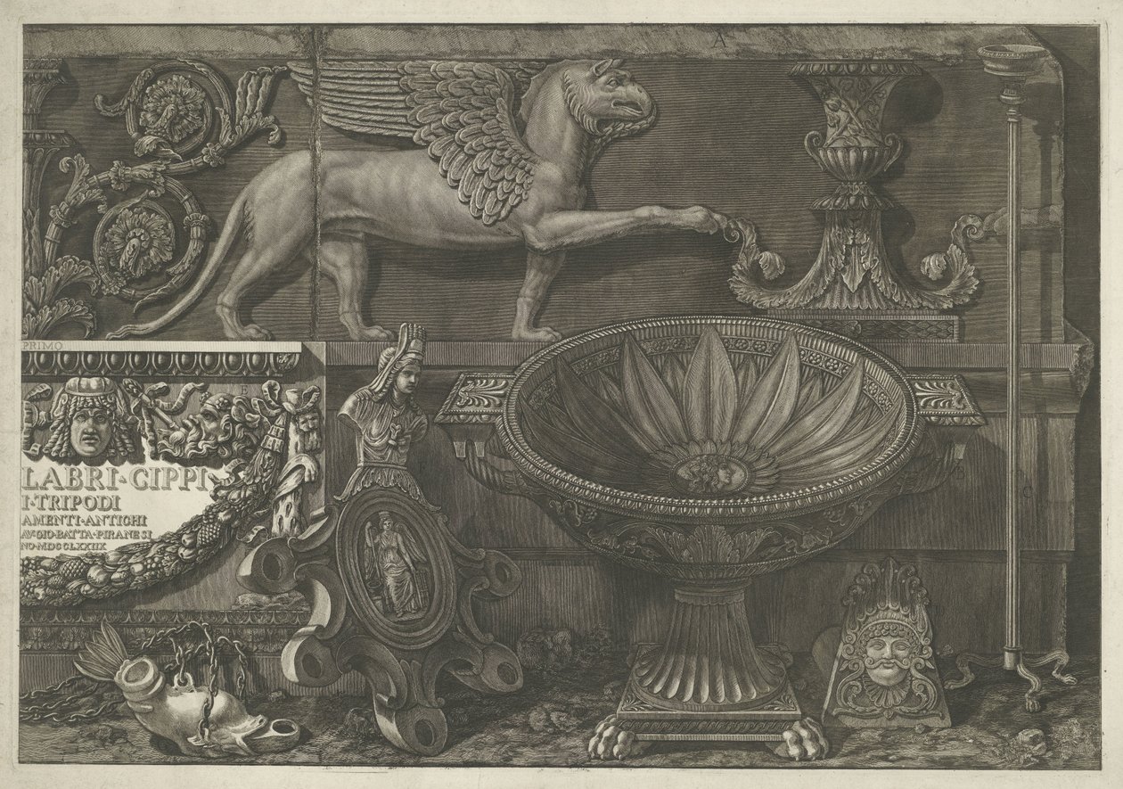 Frontespizio con sculture, rilievi scolpiti e un sarcofago con titolo (parte destra) da Giovanni Battista Piranesi
