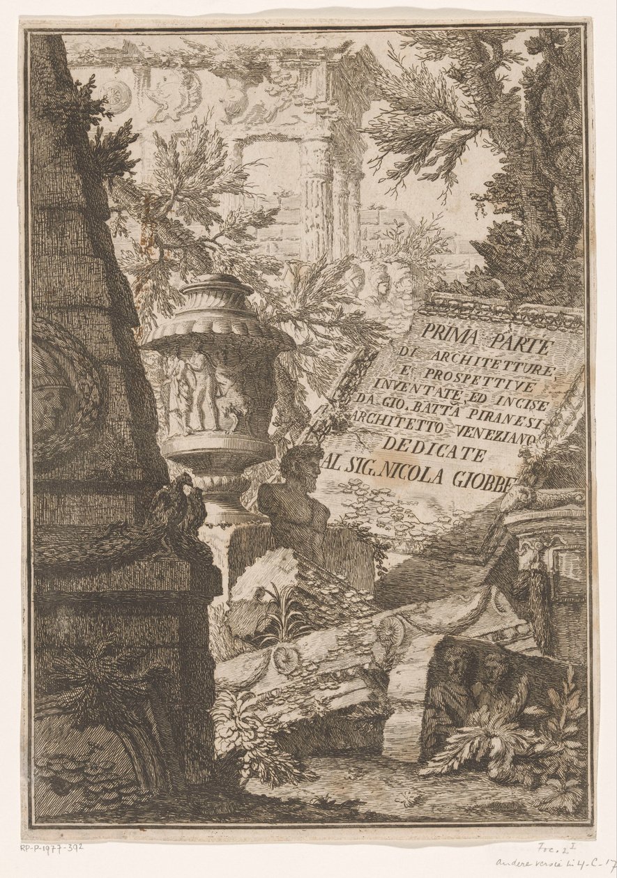 Titolo su blocco di marmo in un paesaggio con rovine (Prima parte di architetture e prospettive) da Giovanni Battista Piranesi