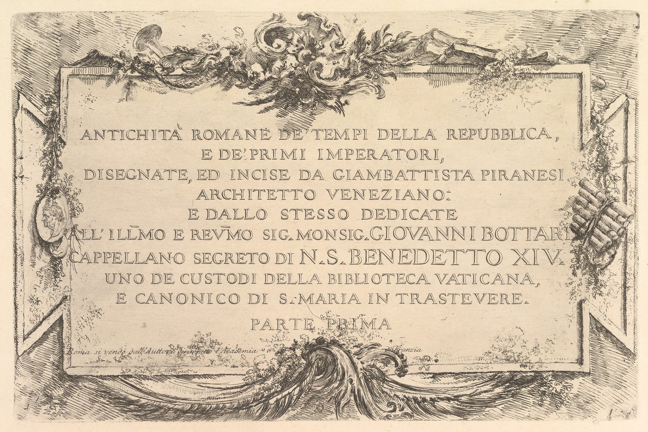 Pagina del titolo: Antichità romana del tempo della Repubblica e dei primi imperatori Antich..., ca. 1748 da Giovanni Battista Piranesi