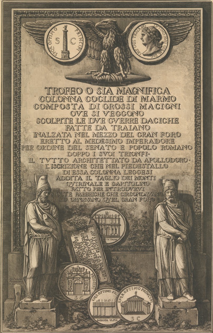 Pagina del titolo con aquila, moneta con immagine della Colonna di Traiano, sculture classiche da Giovanni Battista Piranesi