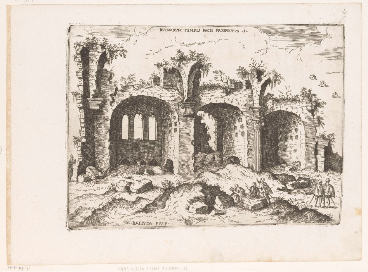 Vista sulla Basilica di Massenzio a Roma (Ruinarum Templi Pacis Prospectus, Praecipua aliquot Romanae Antiquitatis Ruinarum Monimenta) da Giovanni Battista Pittoni (I)