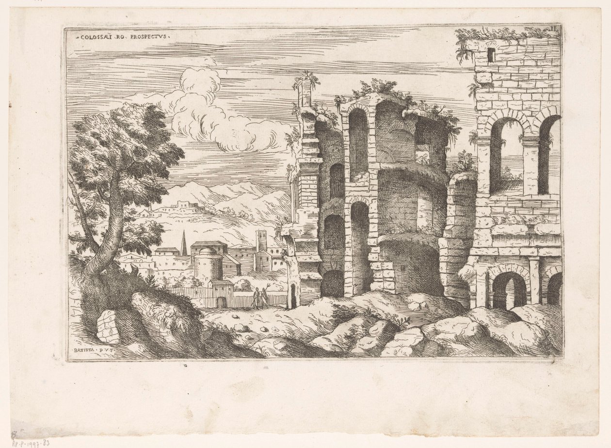 Vista sul Colosseo e dintorni a Roma (Colossaei ro prospectus, Praecipua aliquot Romanae Antiquitatis Ruinarum Monimenta) da Giovanni Battista Pittoni (I)