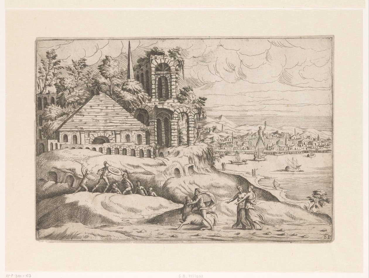 Paesaggio con rovine antiche e il Colosso di Rodi da Giovanni Battista Pittoni (I)