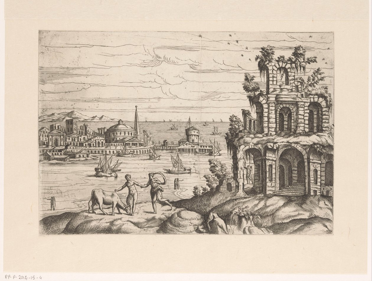 Veduta della città con rovine e architettura fantastica sull