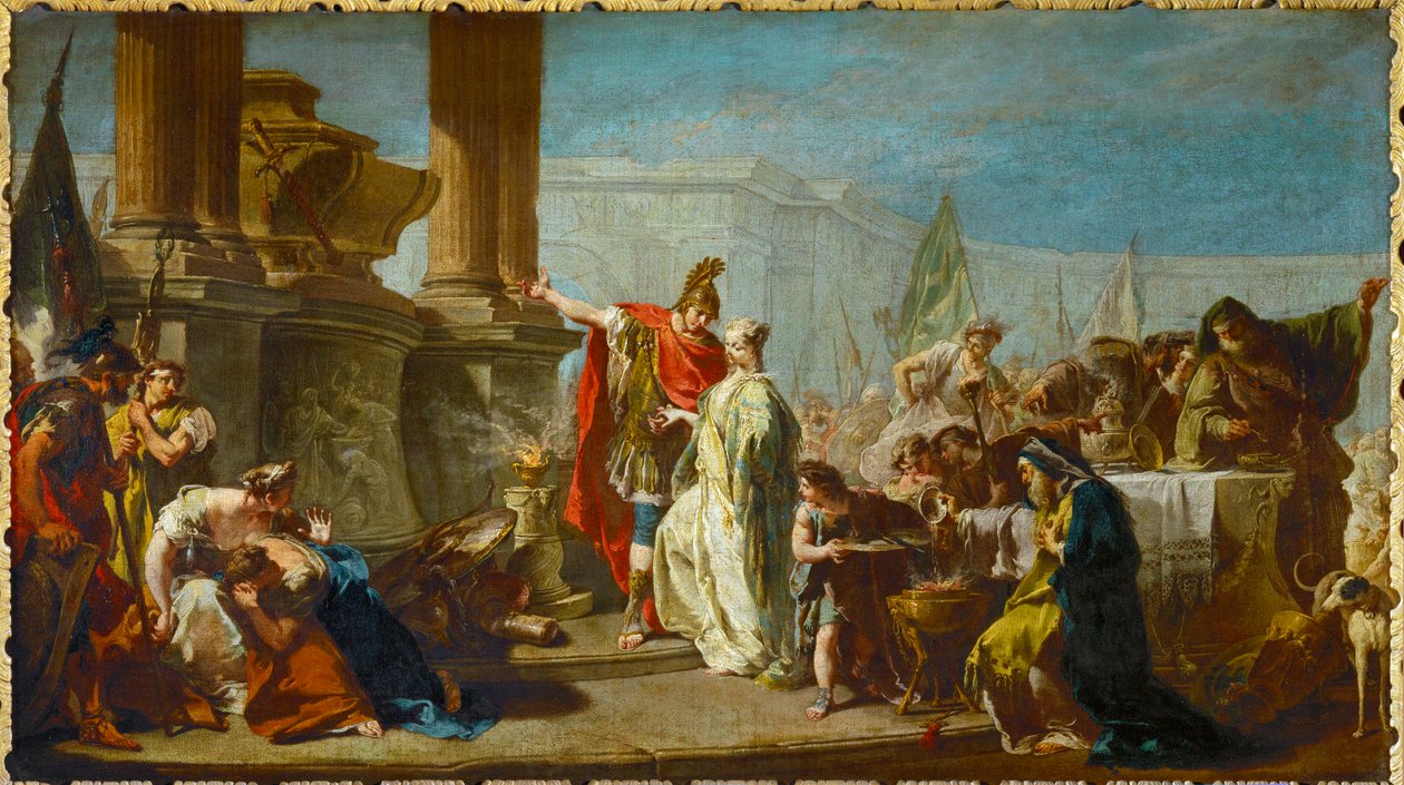 Polissena, figlia di Priamo, re di Troia, viene sacrificata in espiazione allo spirito del defunto Achille ... da Giovanni Battista Pittoni