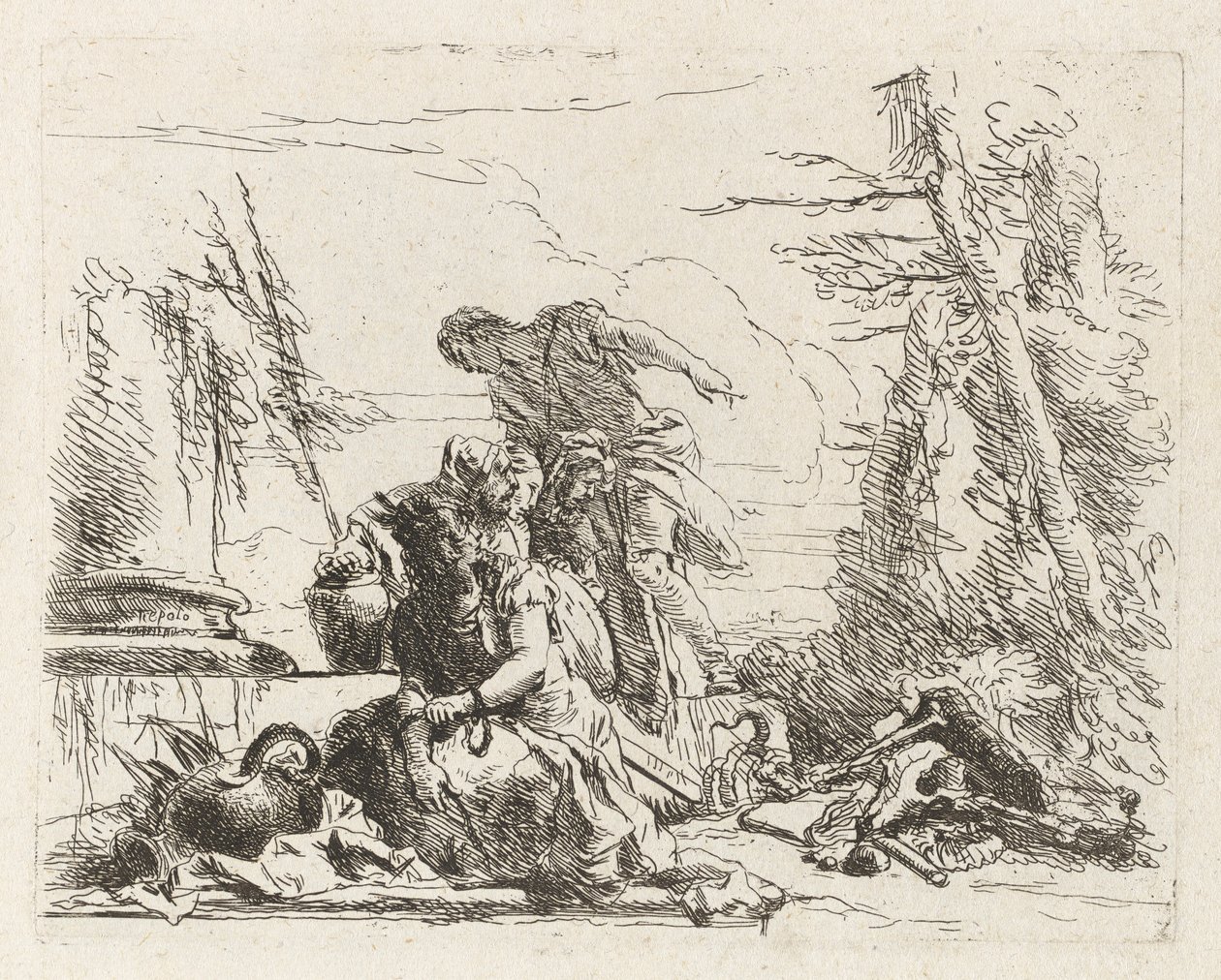 Una donna con le braccia incatenate e altre quattro figure, da Vari capricci da Giovanni Battista Tiepolo