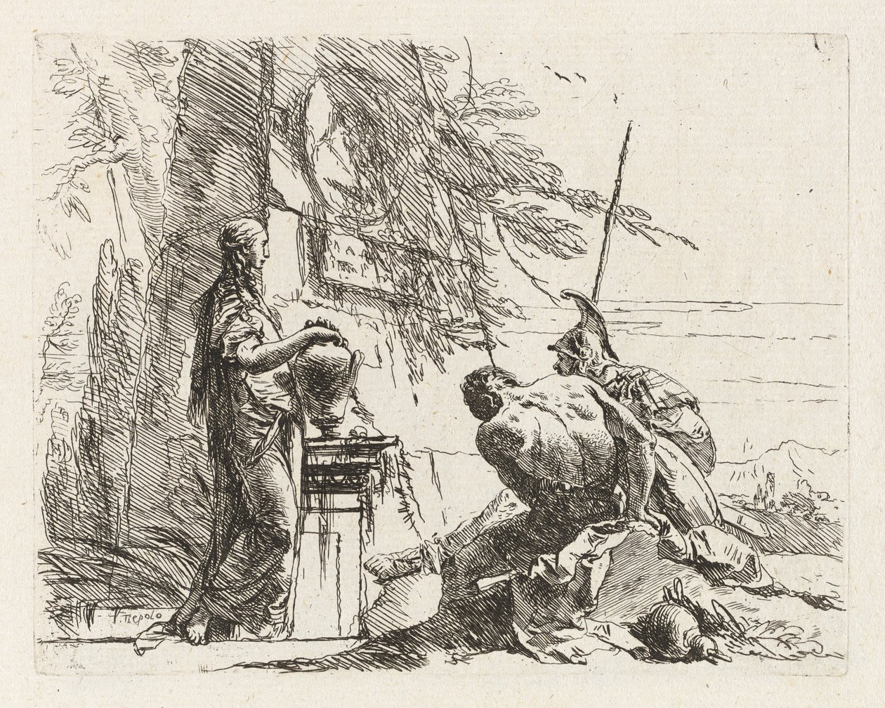 Una donna con le mani su un vaso, un soldato e uno schiavo, da Vari capricci da Giovanni Battista Tiepolo