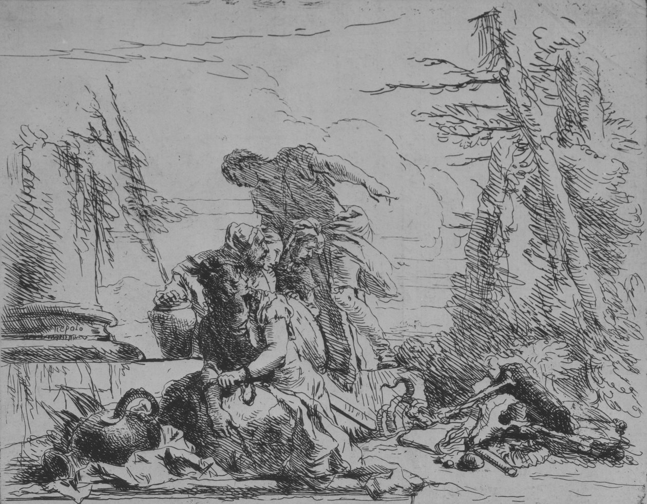 Donna incatenata e altre figure che osservano una pira di ossa, dai Capricci da Giovanni Battista Tiepolo