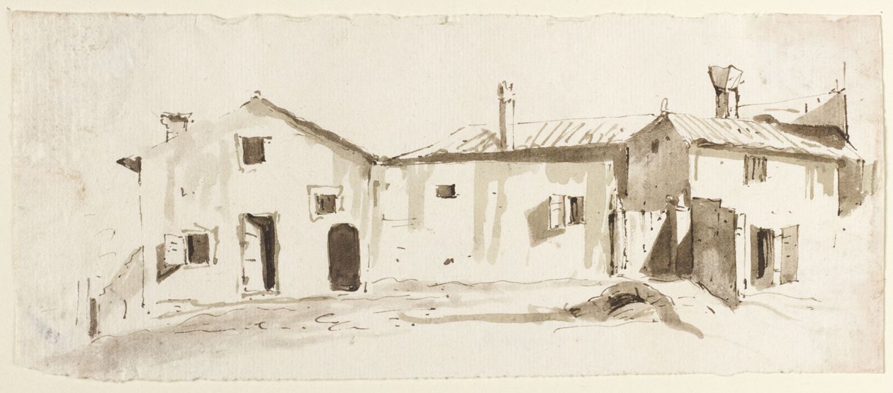 Edifici rurali con porte aperte, ponte e cancello da Giovanni Battista Tiepolo