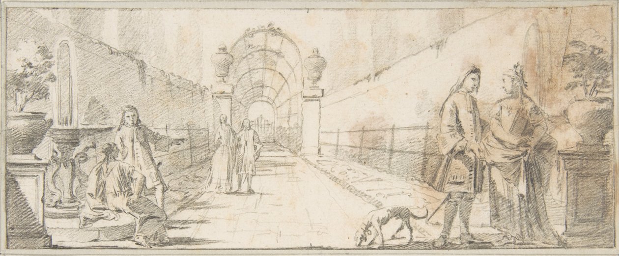 Illustrazione per un libro:  Personaggi che conversano in un giardino da Giovanni Battista Tiepolo