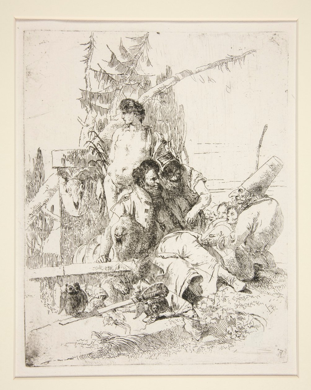 Pulcinella che parla con i due maghi, dalla serie Scherzi di Fantasia da Giovanni Battista Tiepolo