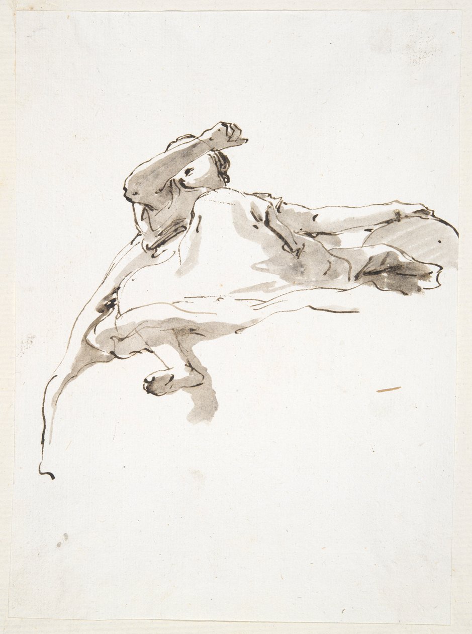 Figura femminile reclinata, mano sinistra appoggiata su un globo, braccio destro sollevato davanti al viso, vista dal basso da Giovanni Battista Tiepolo