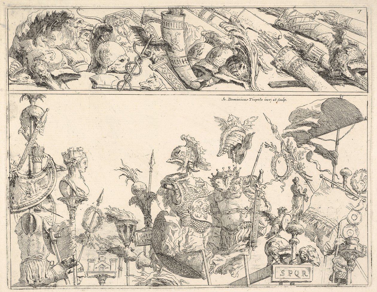 Armi romane, stendardi e trofei, una composizione divisa in due bande orizzontali, 1774 da Giovanni Battista Tiepolo