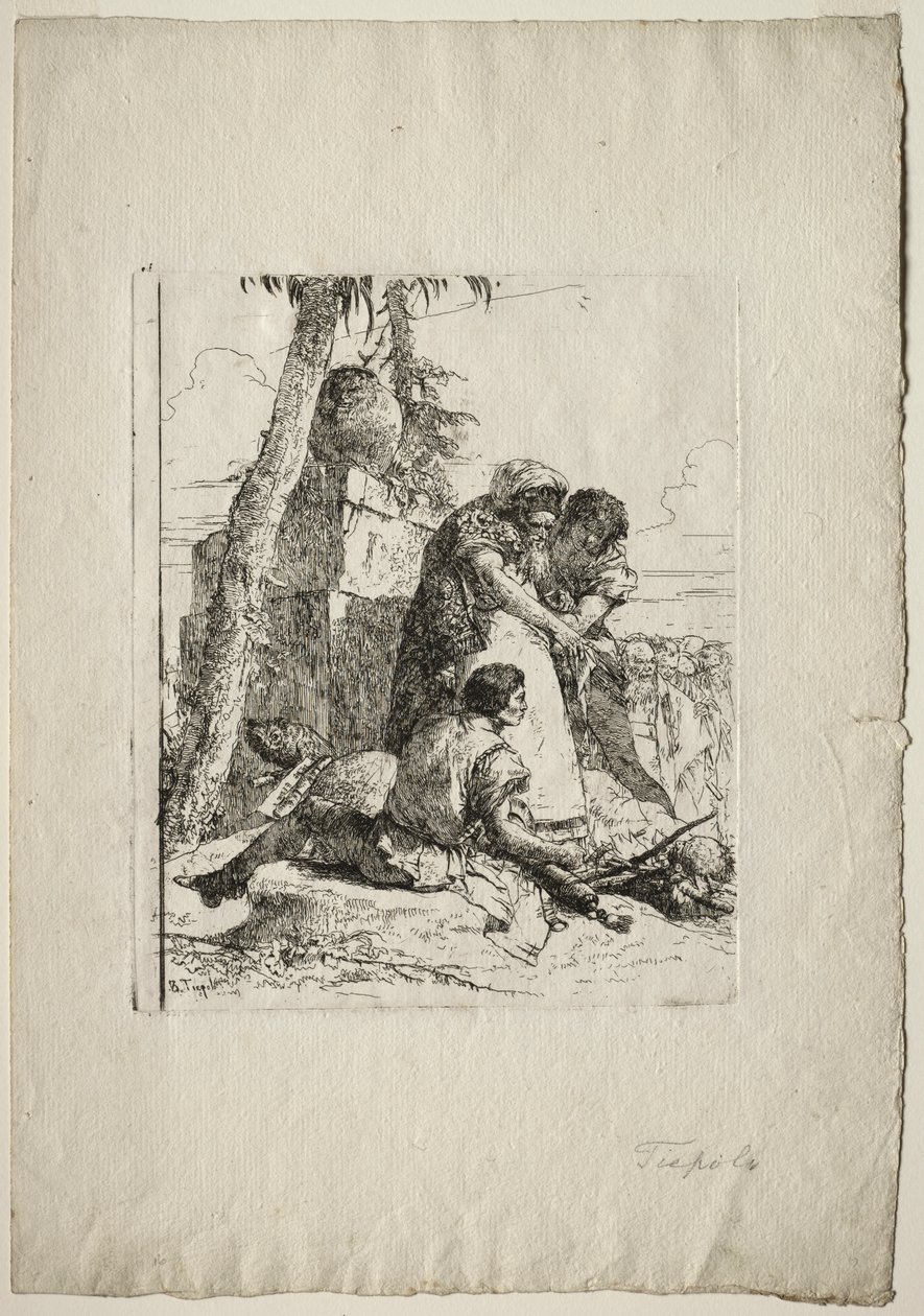 Scherzi di fantasia: mago che indica una testa in fiamme a due giovani da Giovanni Battista Tiepolo