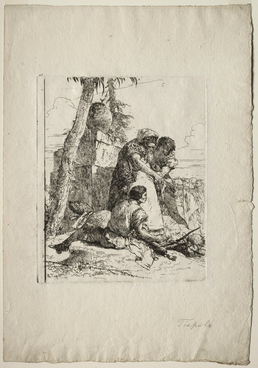Scherzi di Fantasia: Mago che indica una testa in fiamme a due giovani, 1750s da Giovanni Battista Tiepolo