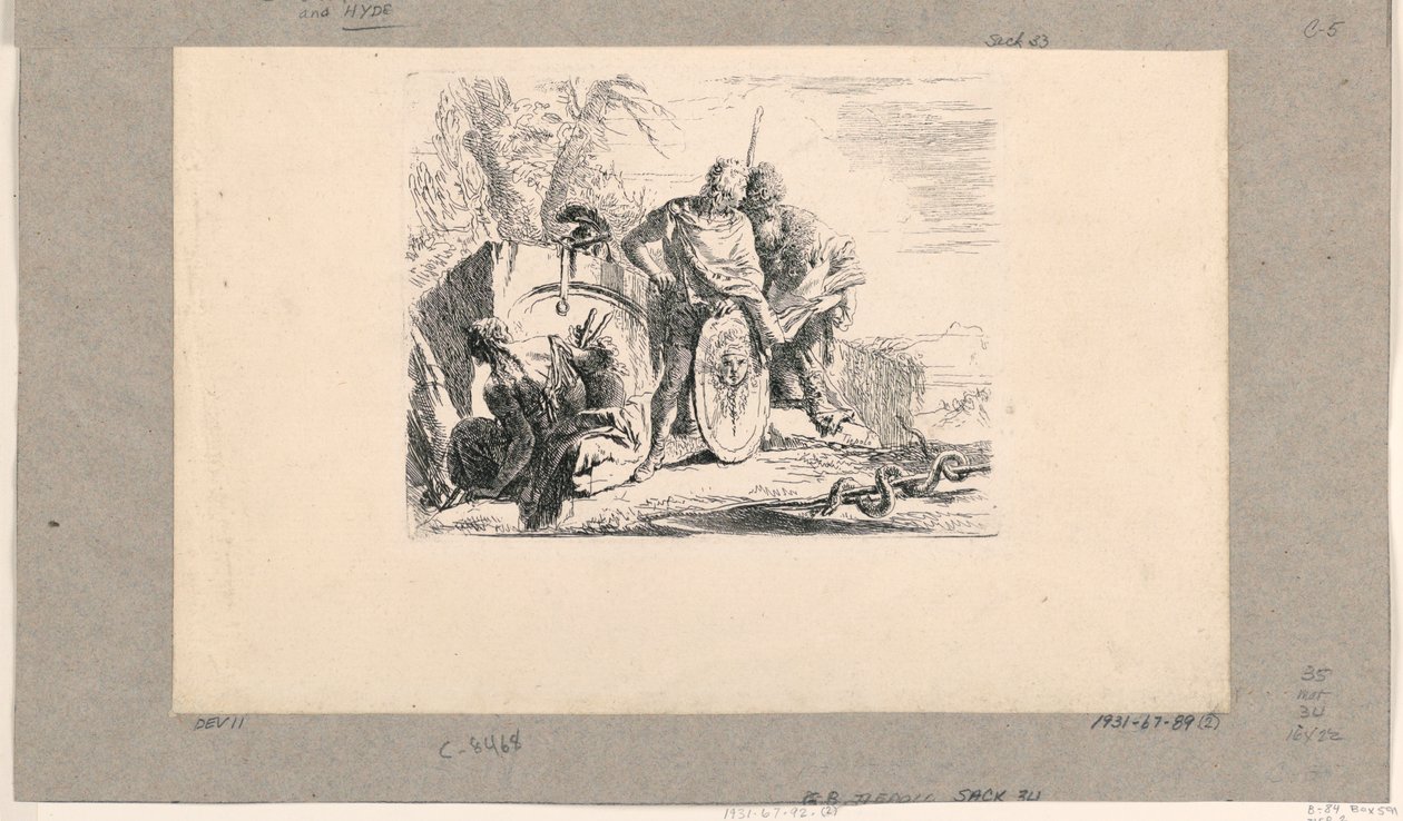 Donna seduta, giovane soldato e mago, dai Vari Capricci da Giovanni Battista Tiepolo