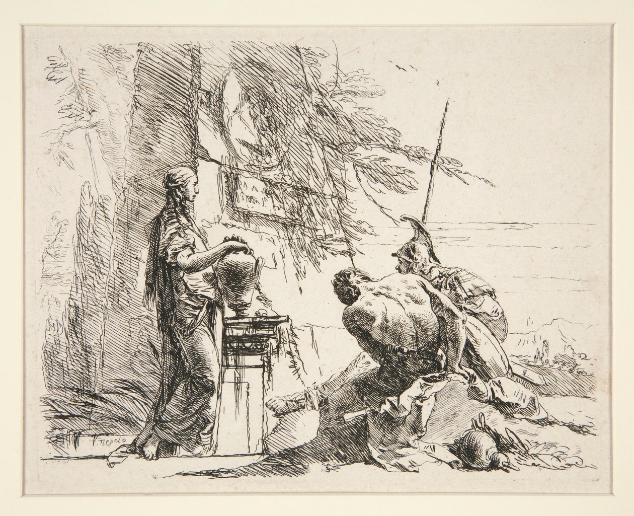 Donna in Piedi e Uomo Seduto Davanti a un Obelisco, dalla serie Vari Capricci da Giovanni Battista Tiepolo