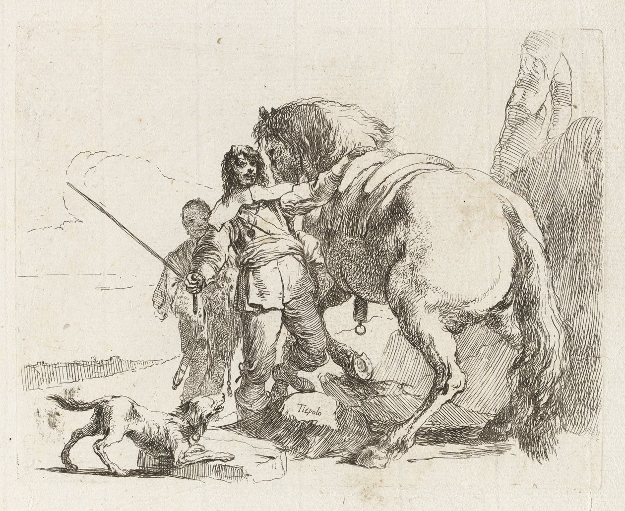 Il cavaliere in piedi accanto al suo cavallo, da Vari capricci da Giovanni Battista Tiepolo