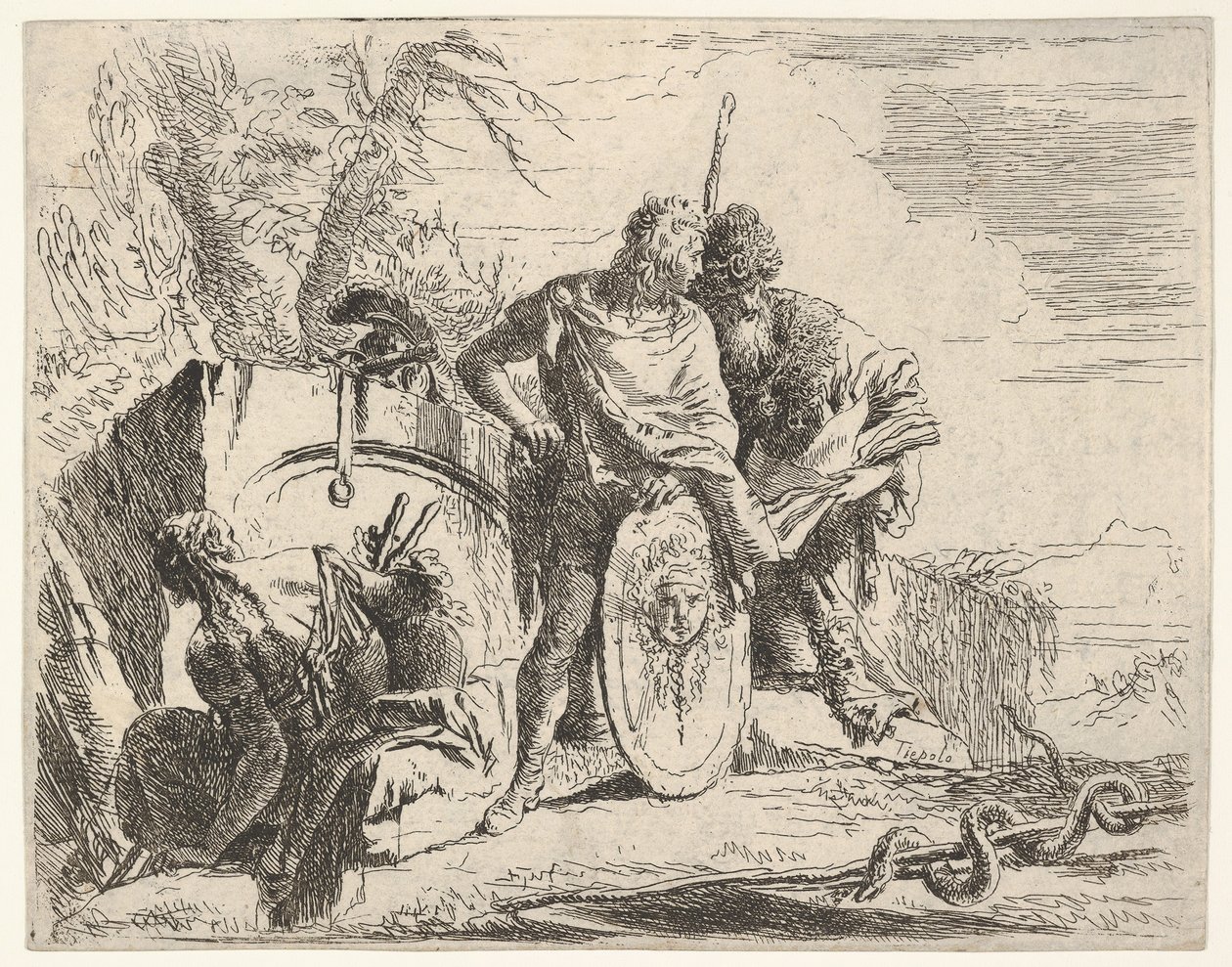 Tre figure e un serpente avvolto attorno a un bastone, circondati da un paesaggio, il ce..., XVIII secolo da Giovanni Battista Tiepolo