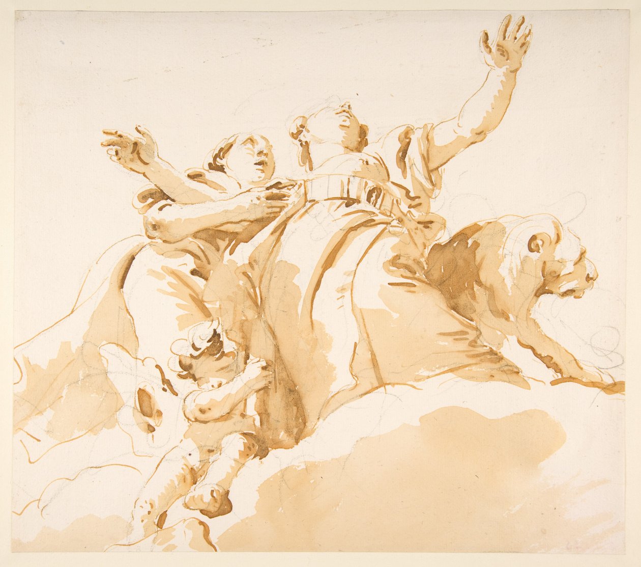 Zwei Frauen, ein Löwe und ein Putto auf Wolken da Giovanni Battista Tiepolo