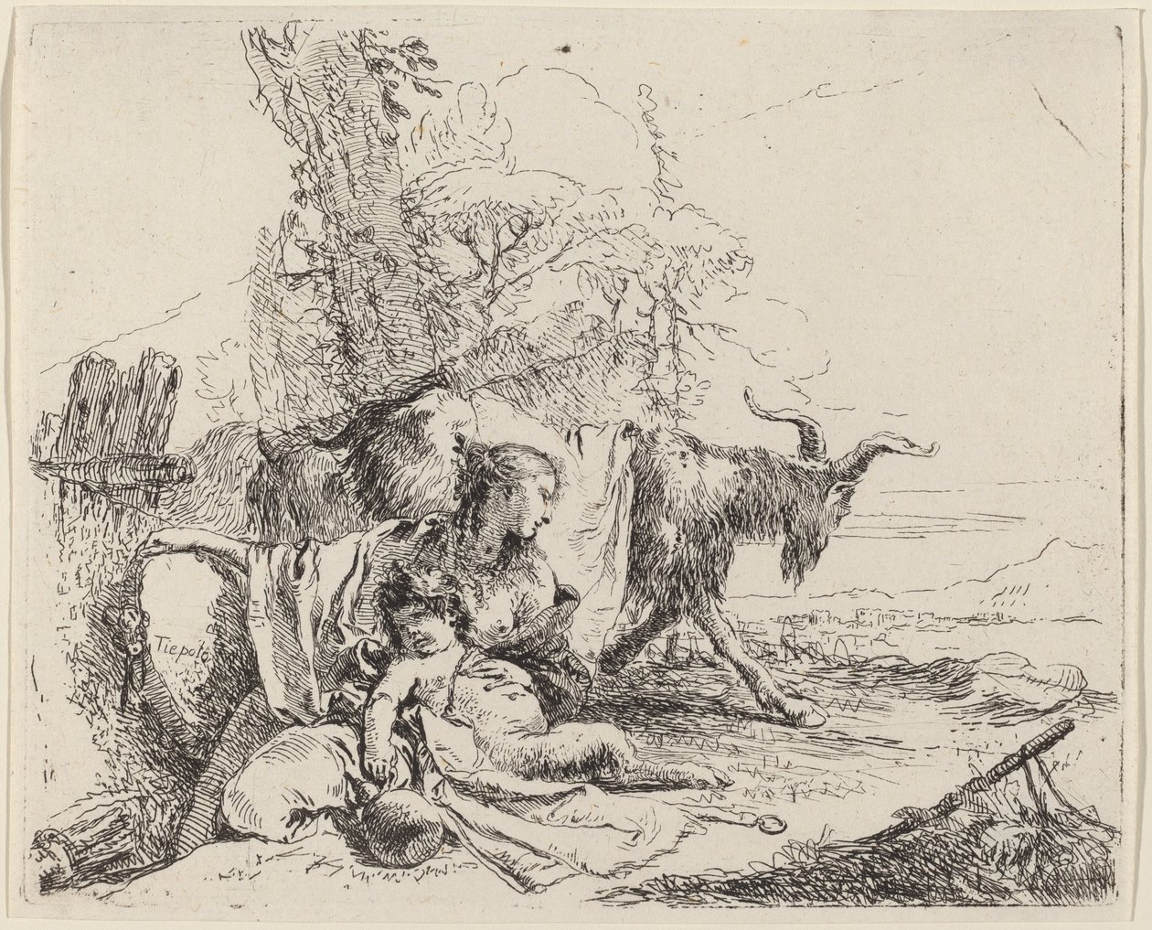 Donna, bambino satiro e capra in un paesaggio da Giovanni Battista Tiepolo