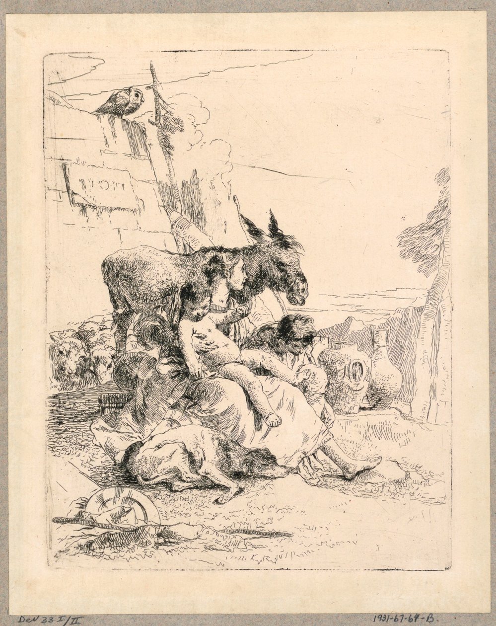 Donna con due bambini e un asino, tavola 21 dagli Scherzi di Fantasia da Giovanni Battista Tiepolo