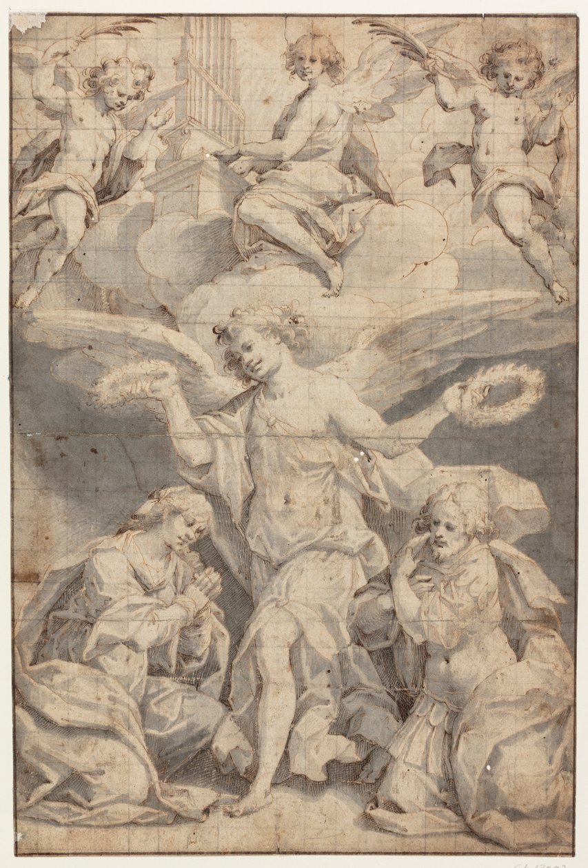 Un angelo incorona una donna inginocchiata e un soldato inginocchiato, mentre due angeli tra le nuvole volano con rami di palma e un terzo suona l
