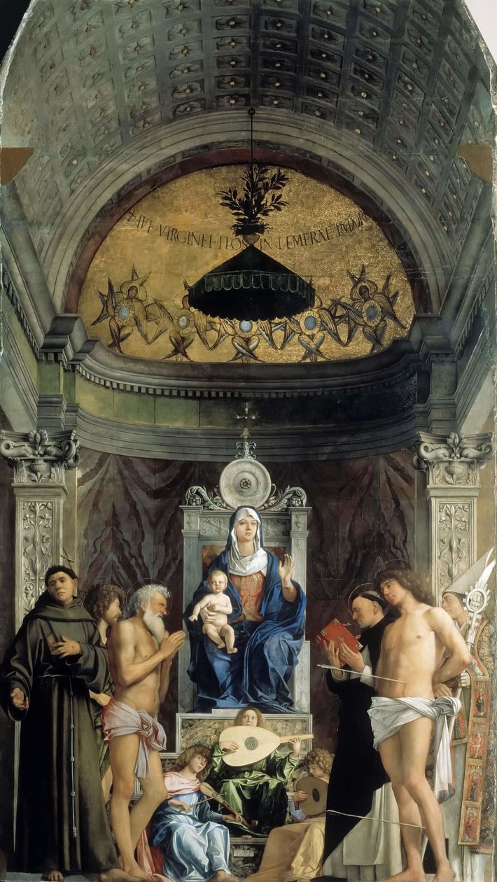 Madonna col Bambino, angeli musicali e i santi Francesco, Giovanni Battista, Giobbe, Domenico... da Giovanni Bellini