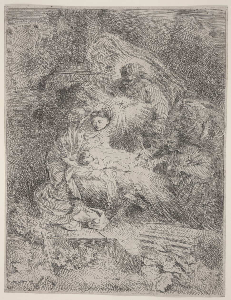 La Natività con Dio Padre, la Colomba dello Spirito Santo e Angeli da Giovanni Benedetto Castiglione