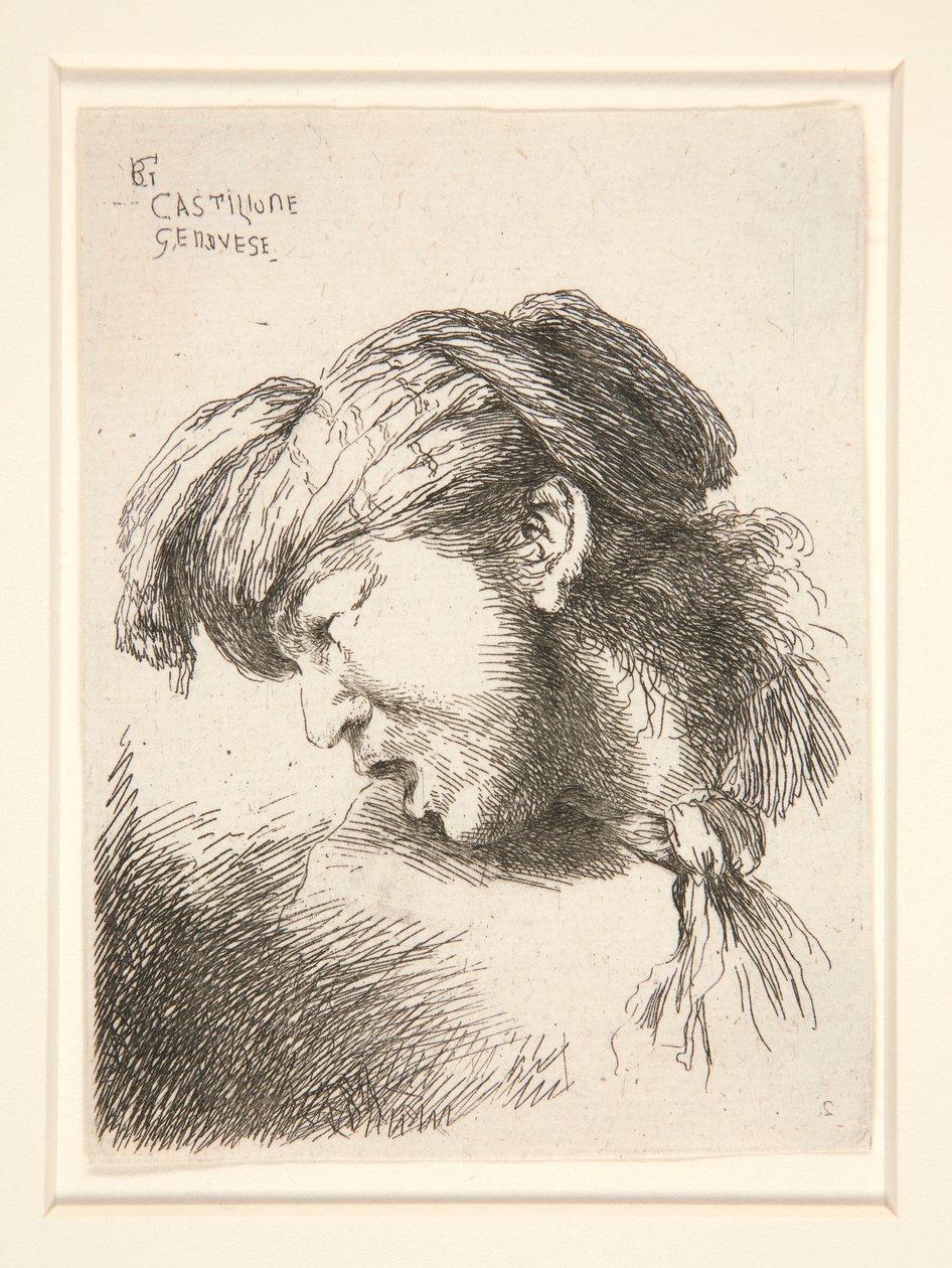 Un uomo senza barba, visto di profilo e girato a destra. La sua bocca è aperta come se stesse per gridare, dalla serie Les petites tetes da Giovanni Benedetto Castiglione