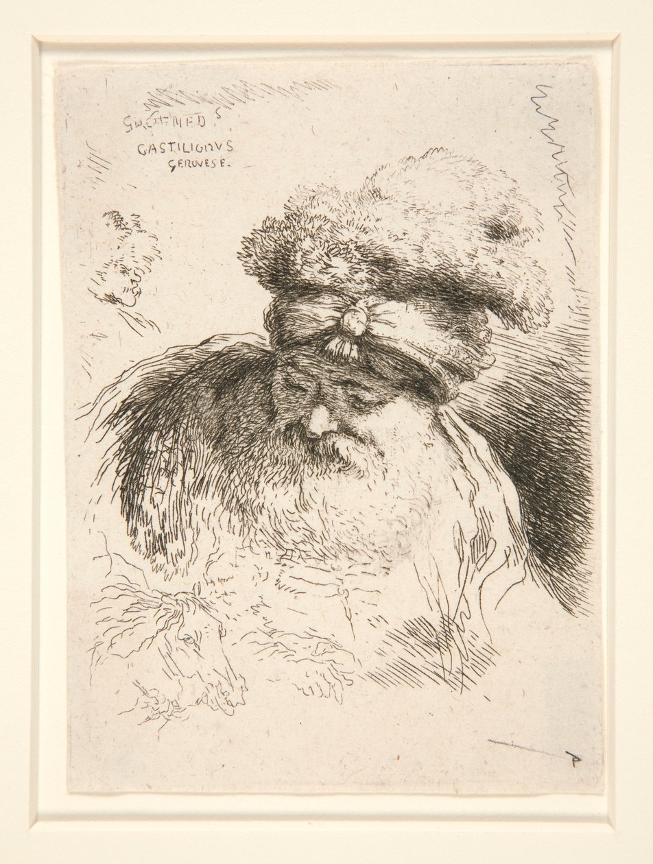 Un vecchio con una grande barba, visto di fronte, con la testa e gli occhi abbassati, dalla serie Les petites têtes d