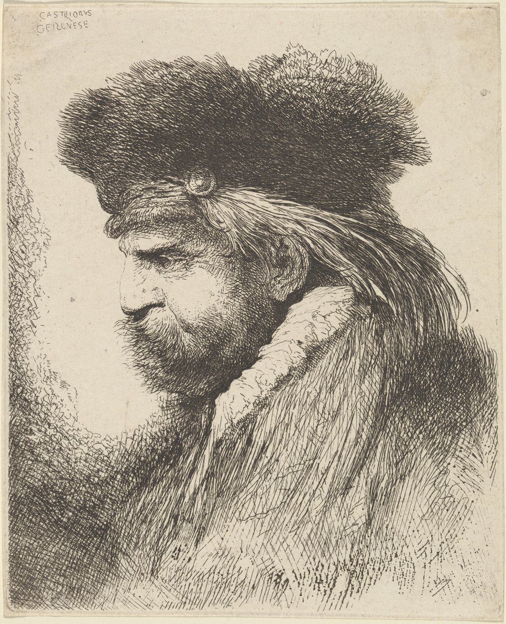Uomo barbuto con cappello di pelliccia, rivolto a sinistra da Giovanni Benedetto Castiglione