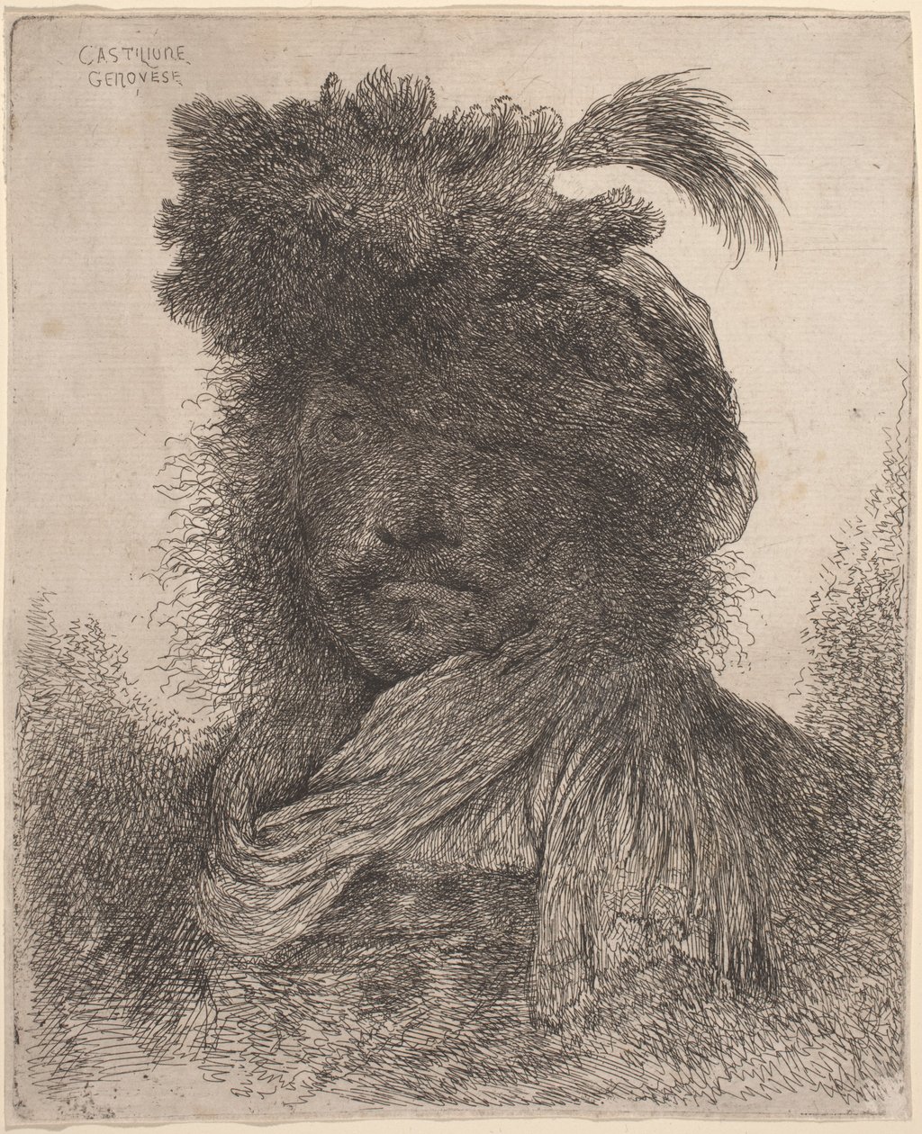 Uomo Barbuti con Viso Ombreggiato, Indossando una Sciarpa e un Cappello con Piuma da Giovanni Benedetto Castiglione