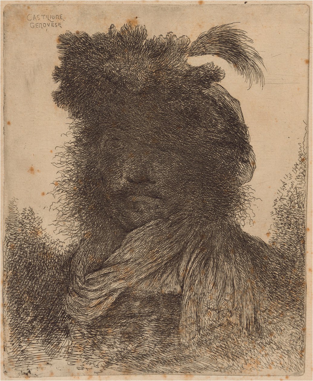 Uomo Barbuto con Viso in Ombra, Indossa una Sciarpa e un Cappello con Piuma da Giovanni Benedetto Castiglione