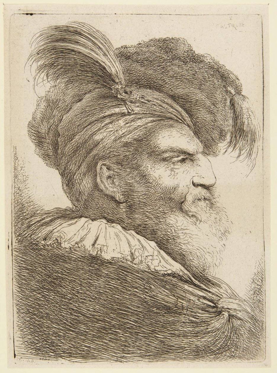 Testa di uomo barbuto con cappello piumato da Giovanni Benedetto Castiglione