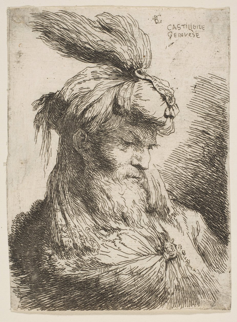 Testa di un uomo barbuto con turbante rivolto a destra, dalla serie di Piccole Teste..., ca. 1645-1650 da Giovanni Benedetto Castiglione