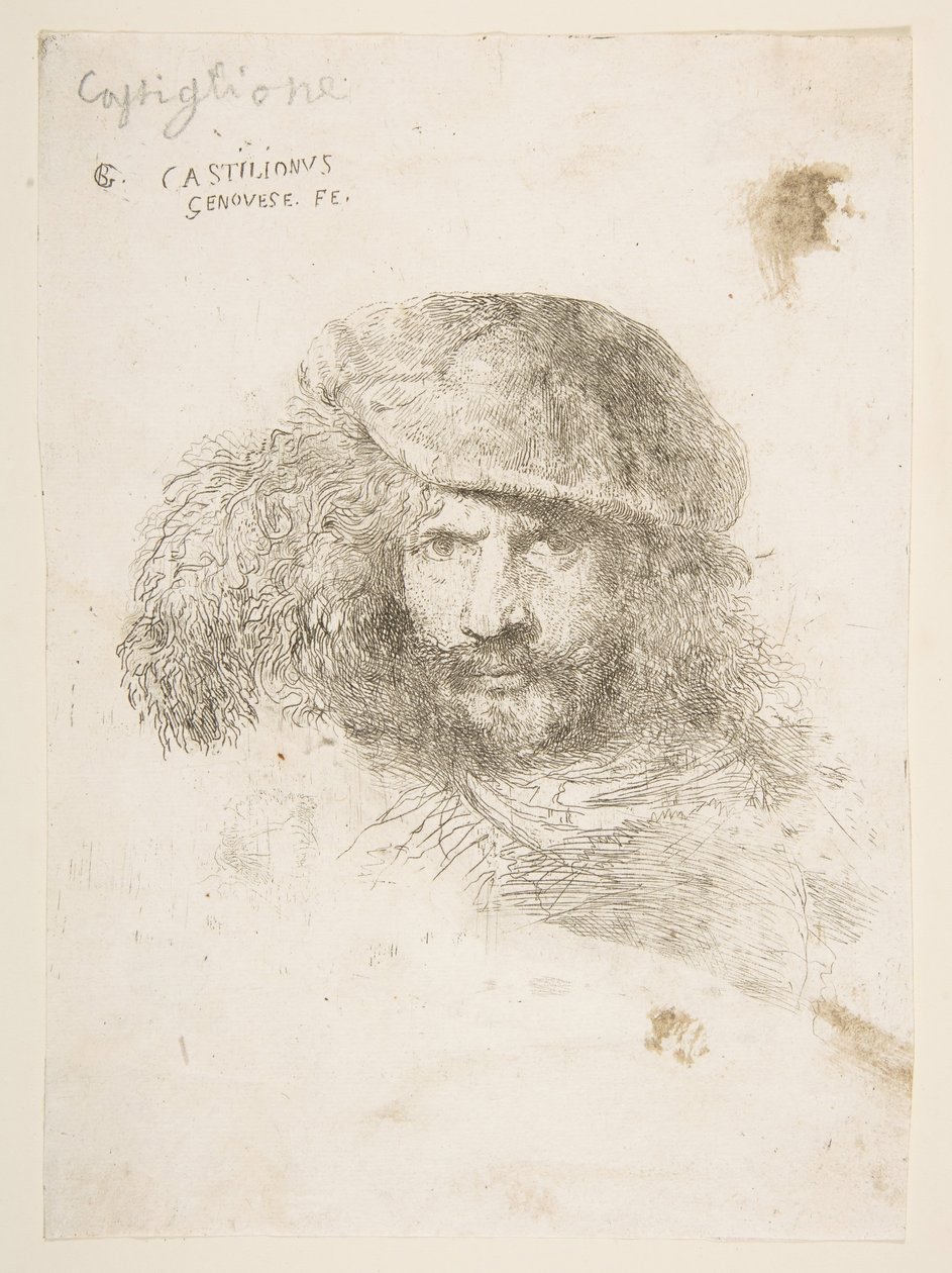 Testa di un uomo con cappello piumato, forse Bernini, forse un autoritratto da Giovanni Benedetto Castiglione