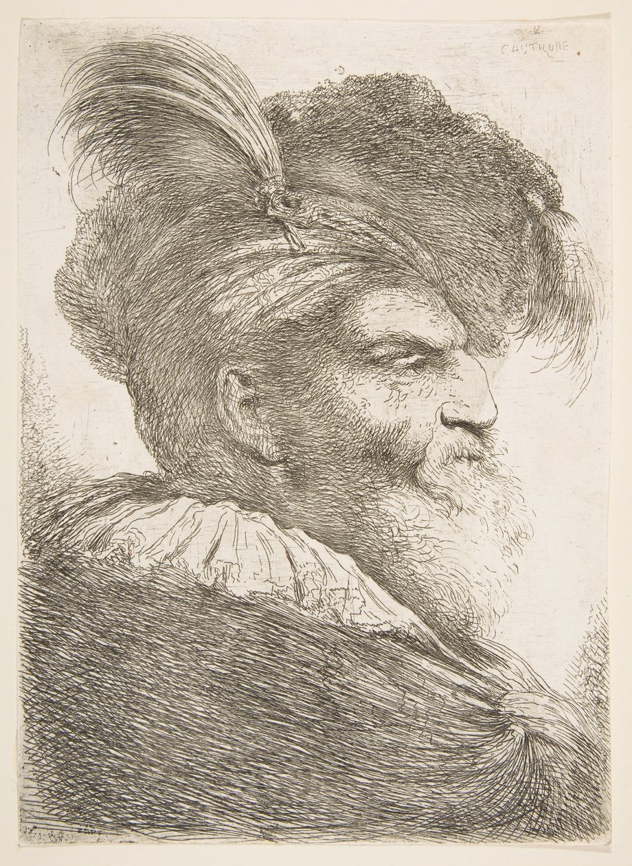 Testa di un vecchio rivolto a destra, dalla serie di Grandi Teste Orientali da Giovanni Benedetto Castiglione