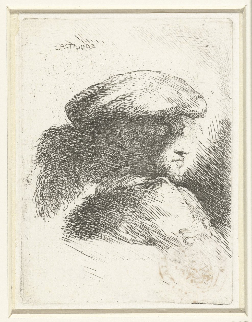 Testa di un giovane con un cappello piumato (serie di piccoli studi di teste con copricapi orientali) da Giovanni Benedetto Castiglione