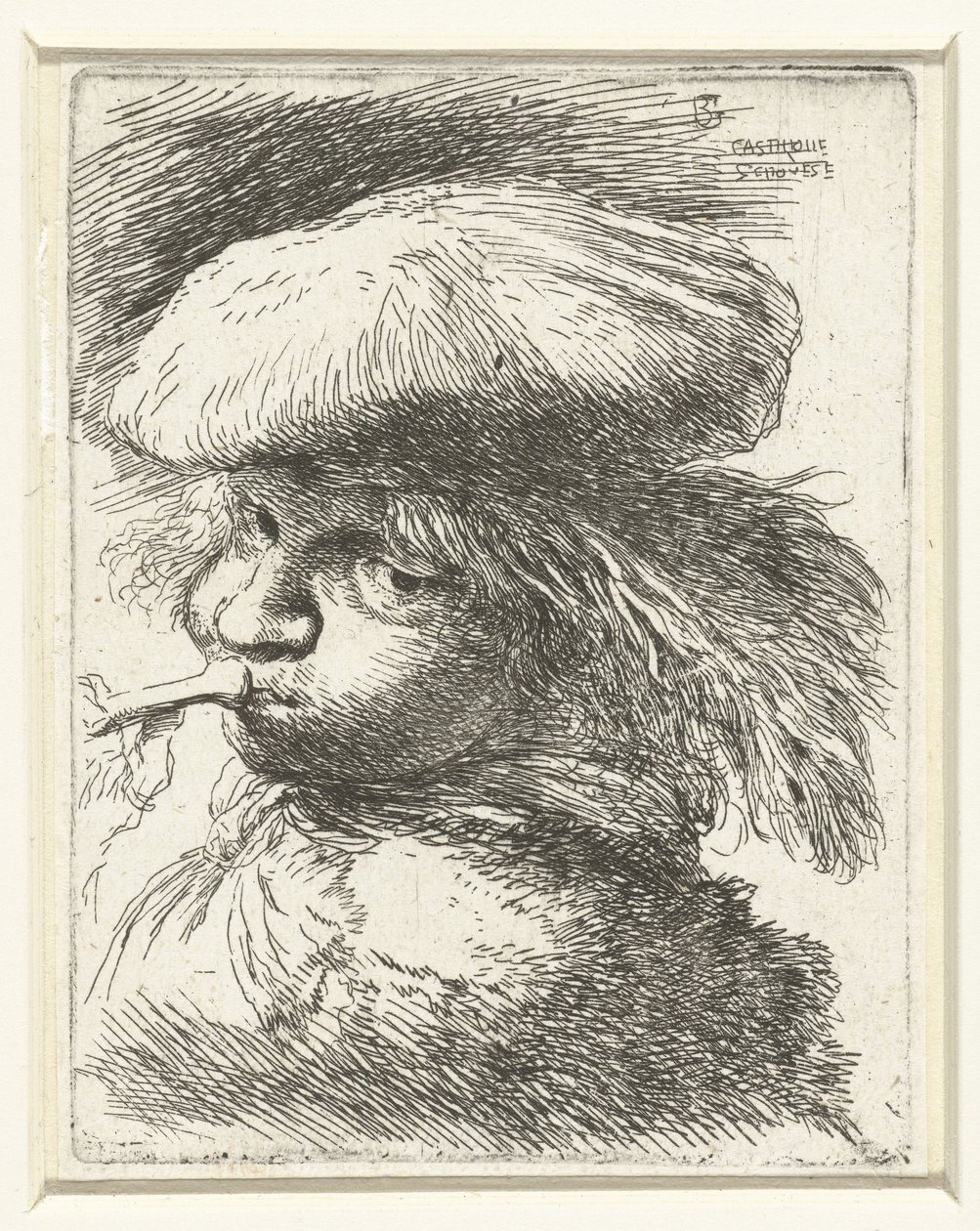 Testa di un ragazzo che suona una tromba (Kleine studie van hoofden met oosterse hoofddeksels serie) da Giovanni Benedetto Castiglione