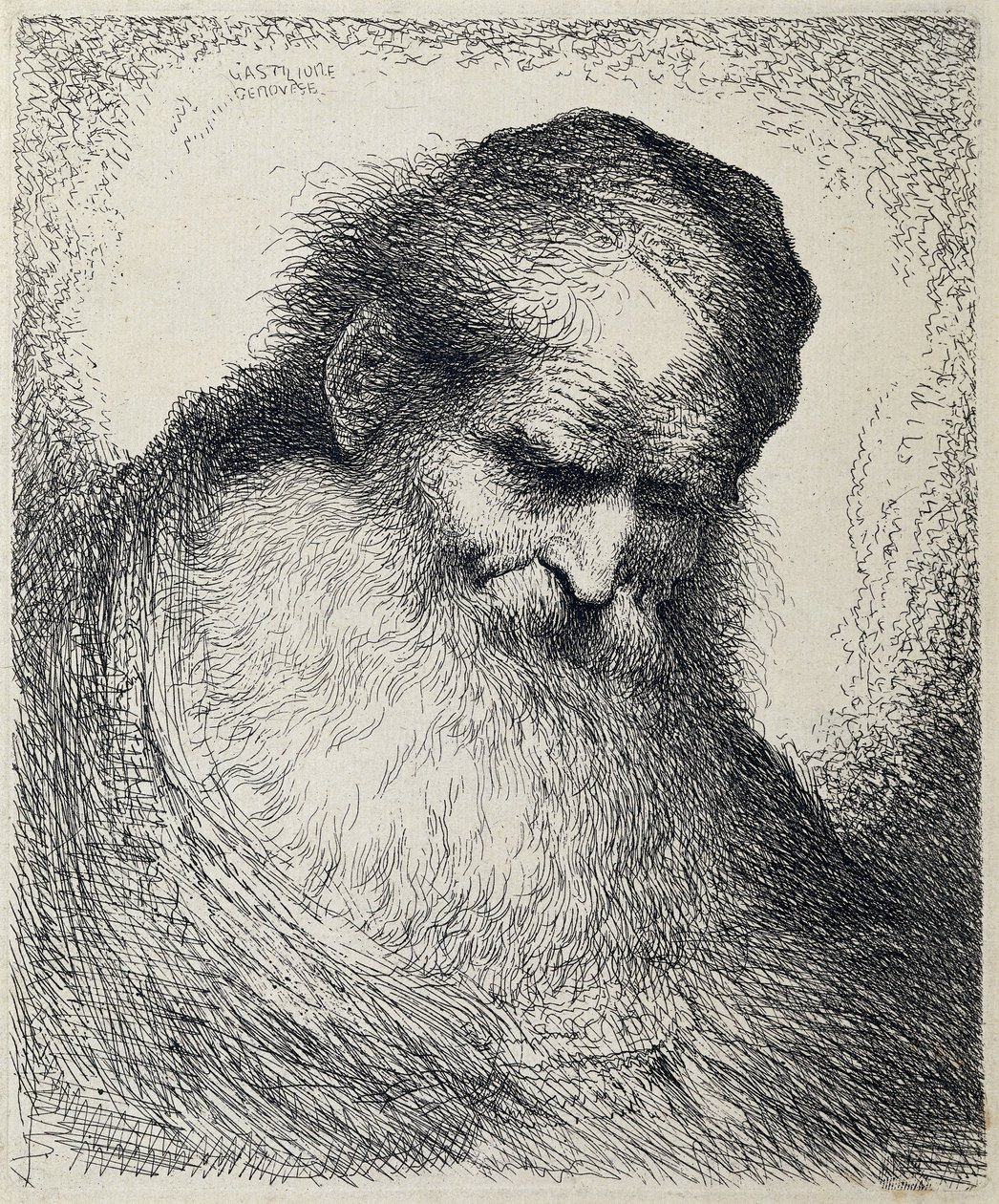 Testa di un vecchio addormentato (serie di grandi studi di teste con copricapi orientali) da Giovanni Benedetto Castiglione