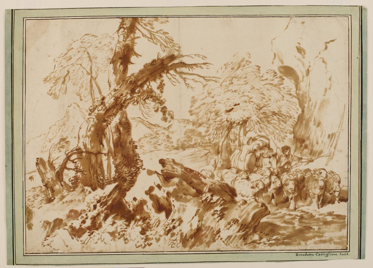 Paesaggio con un gregge di pecore, guidato da un pastore che conduce un mulo carico da Giovanni Benedetto Castiglione