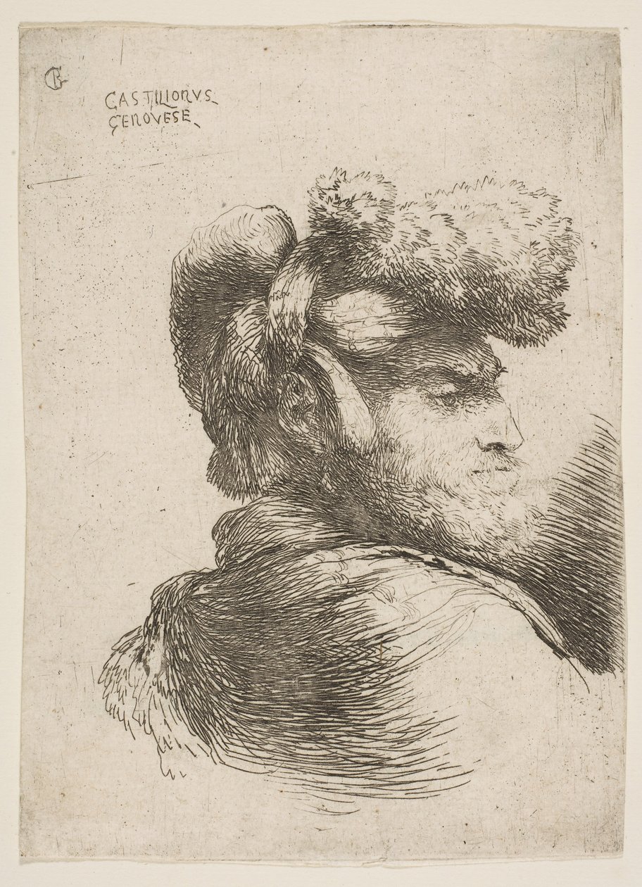 Uomo di profilo rivolto a destra, con cappello di pelliccia, dalla serie di Piccole Teste da Giovanni Benedetto Castiglione