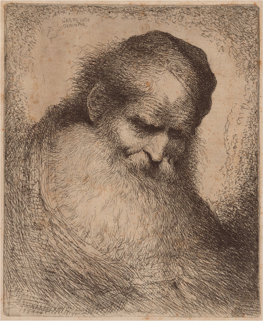 Vecchio con una lunga barba e berretto, chinato in avanti da Giovanni Benedetto Castiglione