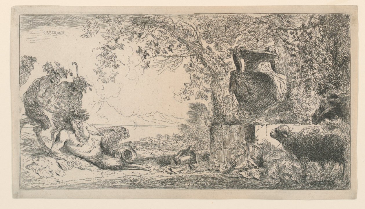 Pan seduto di fronte a un vaso da Giovanni Benedetto Castiglione