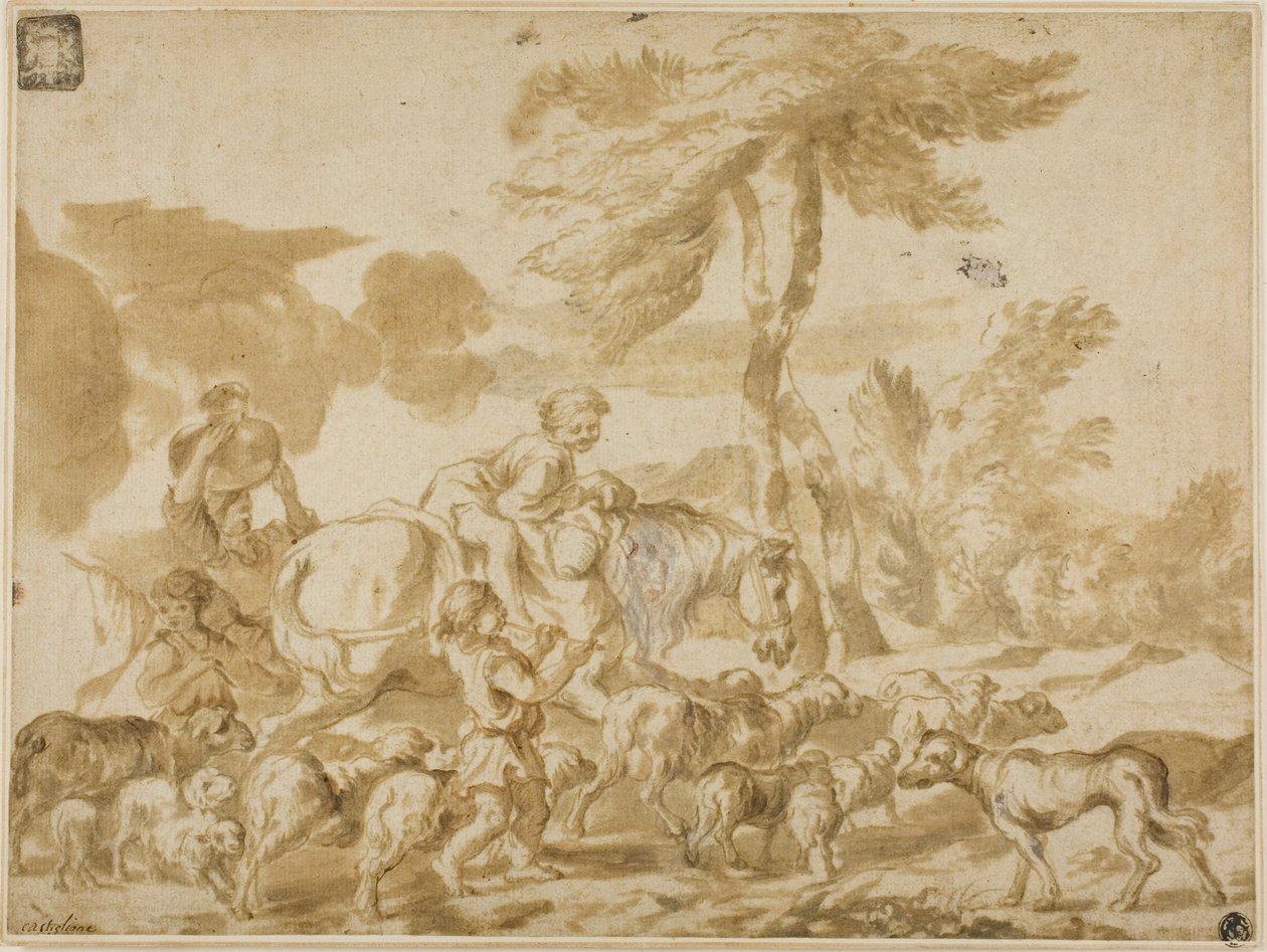 Famiglia di contadini con pecore e cane da Giovanni Benedetto Castiglione