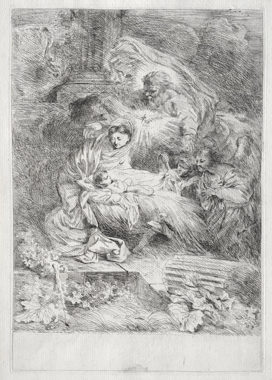 La natività con Dio Padre e lo Spirito Santo da Giovanni Benedetto Castiglione