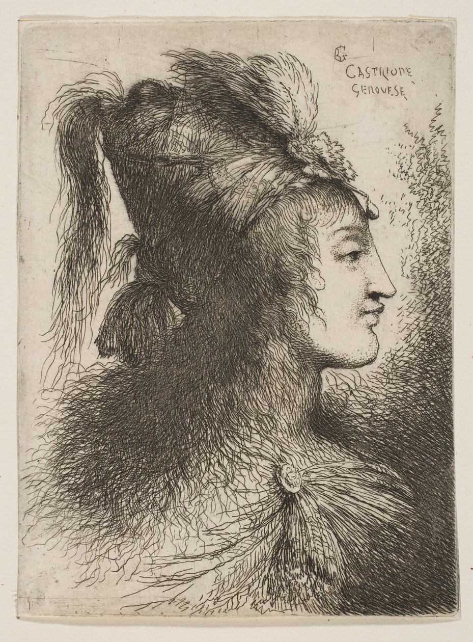Giovane uomo con turbante piumato, rivolto a destra, dalla serie di Piccole Teste da Giovanni Benedetto Castiglione