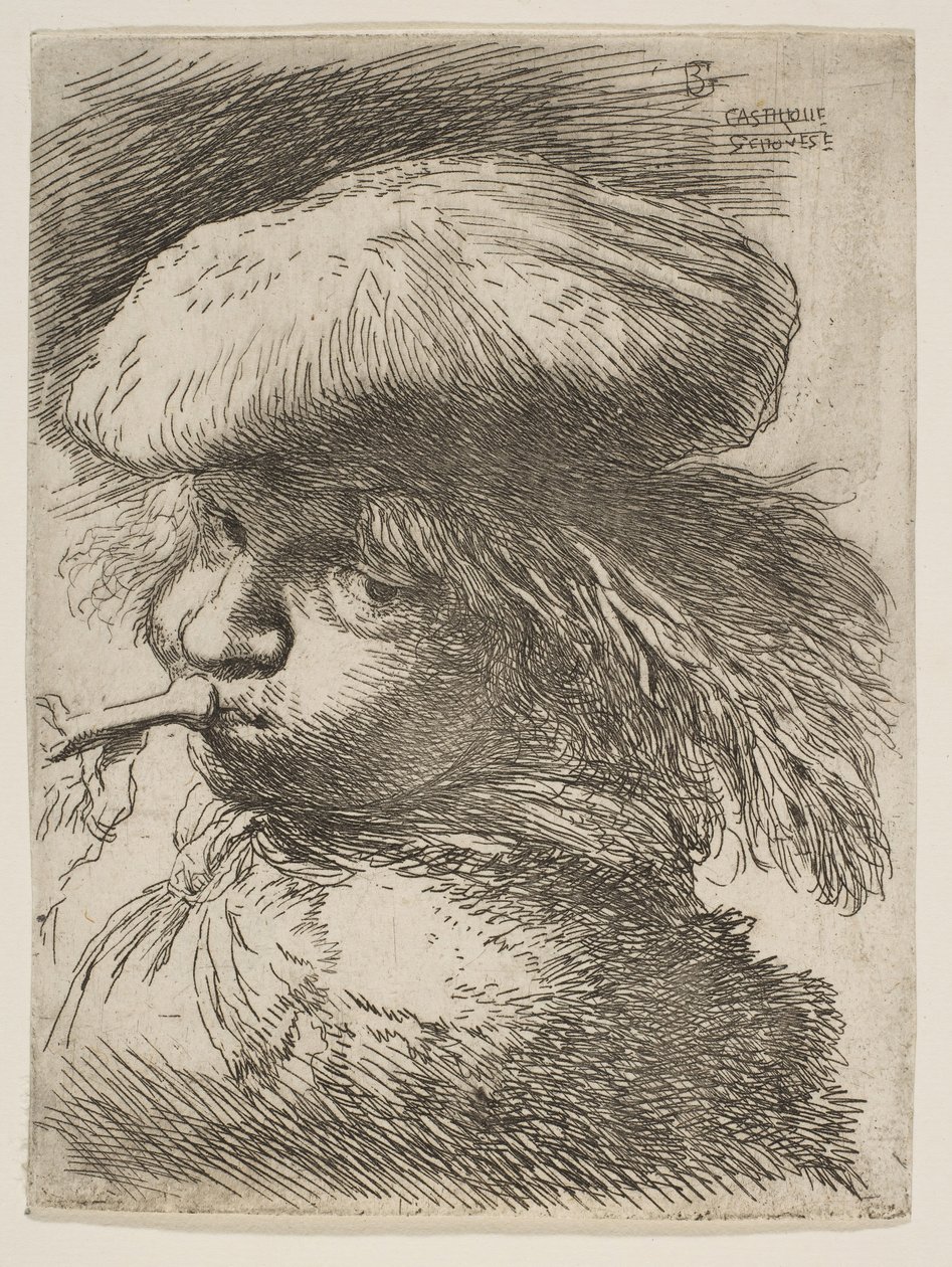 Giovane uomo con una tromba rivolto a sinistra, dalla serie di Piccole Teste in Orientale da Giovanni Benedetto Castiglione