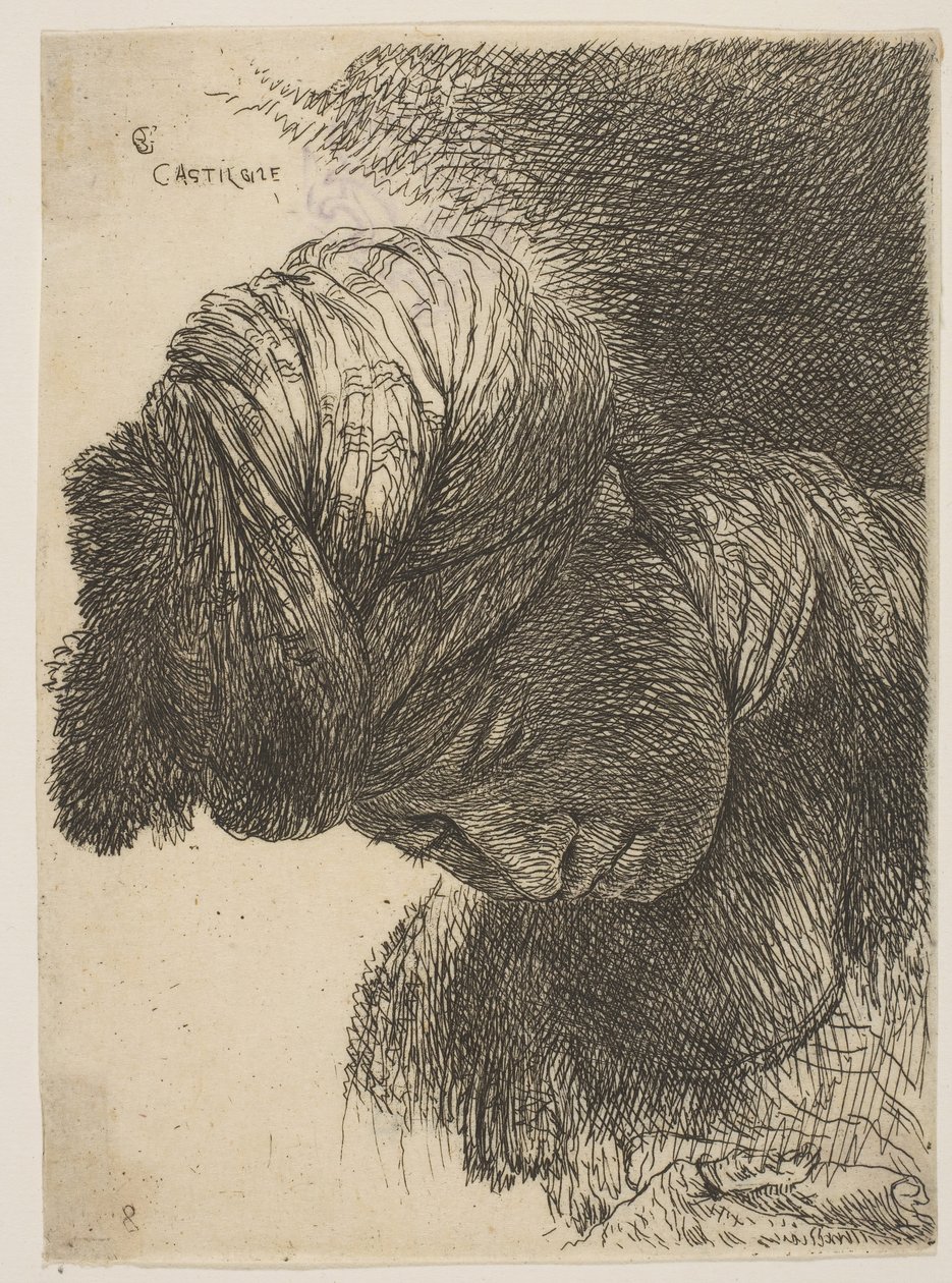 Giovane uomo con la testa abbassata, che indossa un turbante, rivolto a sinistra, dalla serie o..., ca. 1645-1650 da Giovanni Benedetto Castiglione